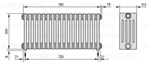 Схема (чертеж) Радиатор Zehnder Charleston 5050/17 №5310 Белый глянцевый RAL 9016